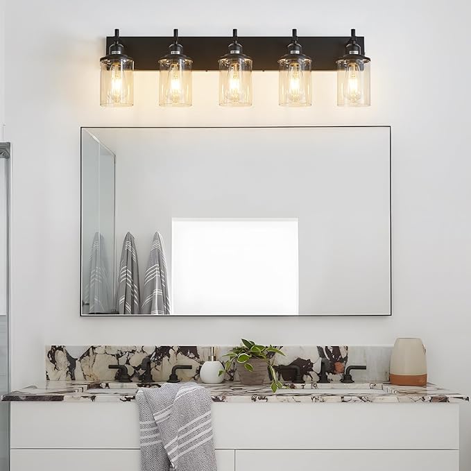 5-Light Black Bathroom Light Fixture Over Mirror Modern Farmhouse Bathroom Vanity Light Vintage Wall Lighting with Clear Glass Shade for Bathroom, Bedroom, Hallway, Cabinet