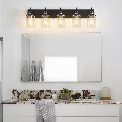 5-Light Black Bathroom Light Fixture Over Mirror Modern Farmhouse Bathroom Vanity Light Vintage Wall Lighting with Clear Glass Shade for Bathroom, Bedroom, Hallway, Cabinet
