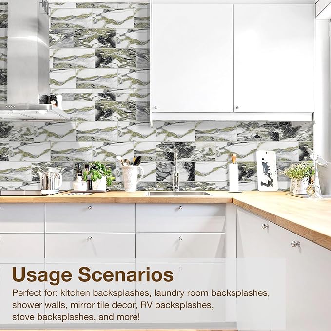 Peel and Stick Backsplash Tile for Kitchen & Bathroom Walls (Rough Verde Antique, 10 Tiles - 9.7 sq. ft. (0.9 m²))