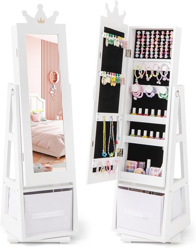 CHARMAID 360° Swivel Kids Jewelry Cabinet, 47" Full Length Mirror with Jewelry Storage, Jewelry Armoire with Drawer and Back Shelf, Kids Vanity Dressing Mirror Jewelry Organizer for Girls (White)