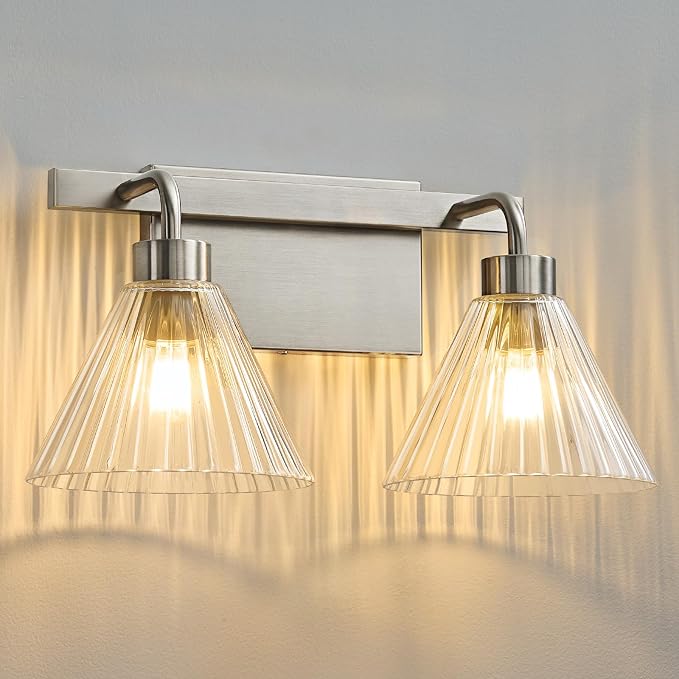 AIJIASI Modern Bathroom Light Fixtures 2-Light Brushed Nickel Vanity Lights for Bathroom with Ribbed Glass Shade 16 Inch Bathroom Lighting Fixtures Over Mirror Wall Sconce for Bedroom Living Room