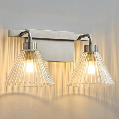 AIJIASI Modern Bathroom Light Fixtures 2-Light Brushed Nickel Vanity Lights for Bathroom with Ribbed Glass Shade 16 Inch Bathroom Lighting Fixtures Over Mirror Wall Sconce for Bedroom Living Room