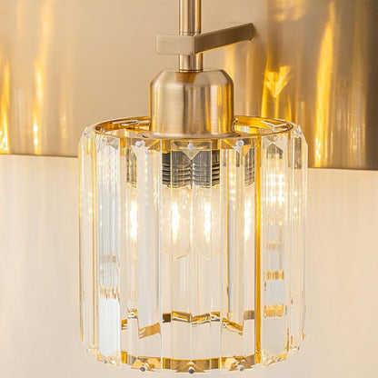 Modern Crystal Bathroom Vanity Lights, Gold 5-Lights Bathroom Light Fixtures Over Mirror, Crystal Wall Lighting with Polished Brass Finish