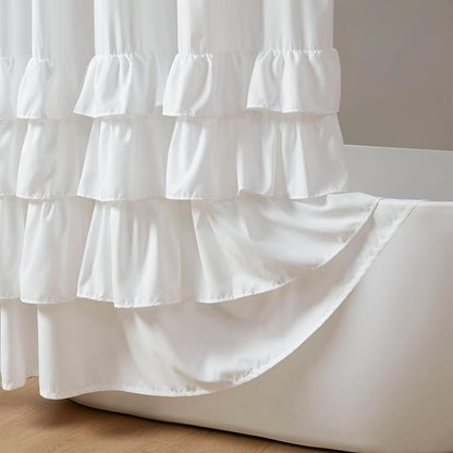 Madison Park Grace Ruffle Shower Curtain for Bathroom, 72"x 72", White | Farmhouse Cottage Top, Machine Washable, Shabby Chic Ruffled Decor Fabric, Privacy Screen, Solid Color