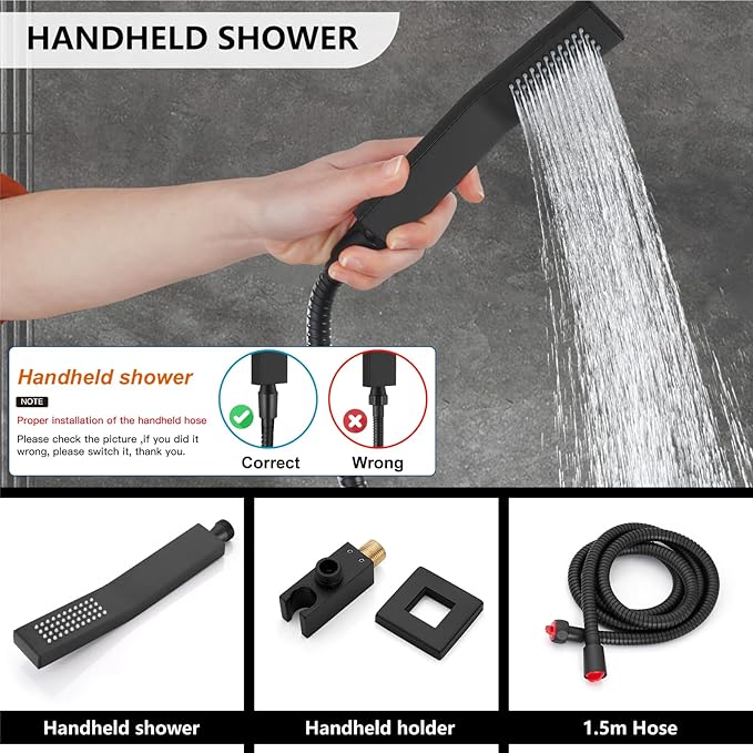 Midanya Shower Faucet Set,Wall Mount Shower System with Square Rain Shower Head and Hand Sprayer, Rough-in Valve Body and Trim Kit Included,8 Inch,Matte Black