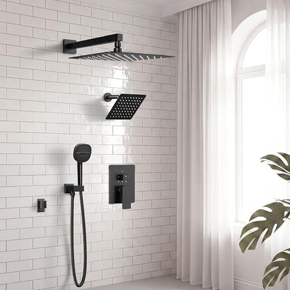 Matte Black Shower System Shower Faucet Sets, Dual Head Shower Set STARBATH 12'' Ceiling Mount and 6''Wall Mount Rainfall Shower Systems with Multifunctional Filtered Handheld Sprayer for Two Person