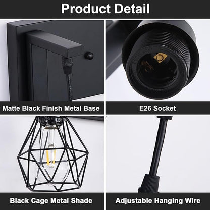Somniferous 4 Light Bathroom Vanity Light, Farmhouse Bathroom Light Fixtures Over Mirror, Black Vanity Light with Caged Metal Shade, Rustic Wall Light Fixture for Bedroom, Living Room, E26 Socket