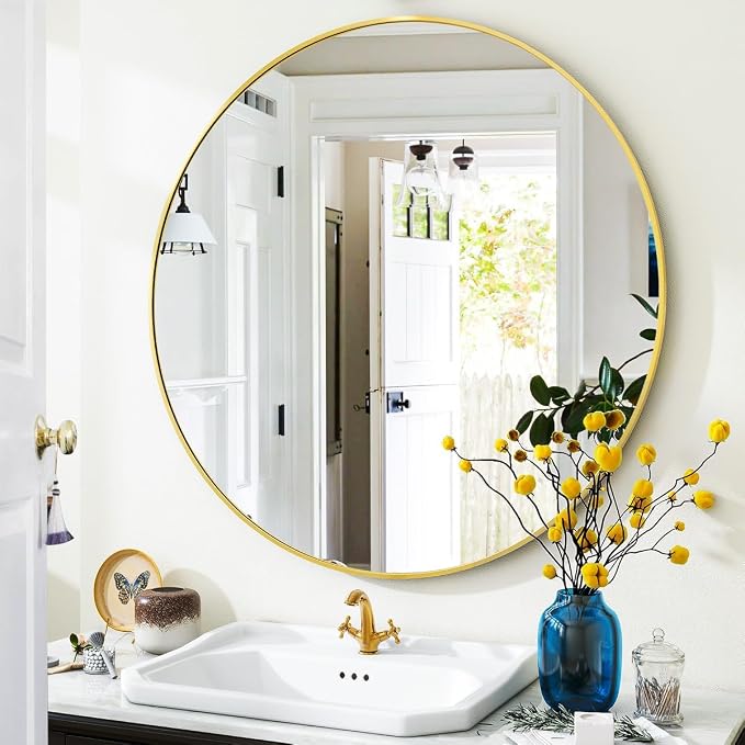 Gold Round Bathroom Mirror 30", Thin Metal Frame Wall Mirror | Circle Vanity Mirror for Over Sink, Hanging or Leaning Decor for Hallway, Entryway, Fireplace Mantel, Living Room