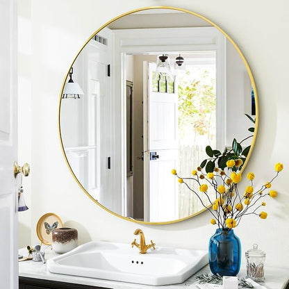 Gold Round Bathroom Mirror 30", Thin Metal Frame Wall Mirror | Circle Vanity Mirror for Over Sink, Hanging or Leaning Decor for Hallway, Entryway, Fireplace Mantel, Living Room