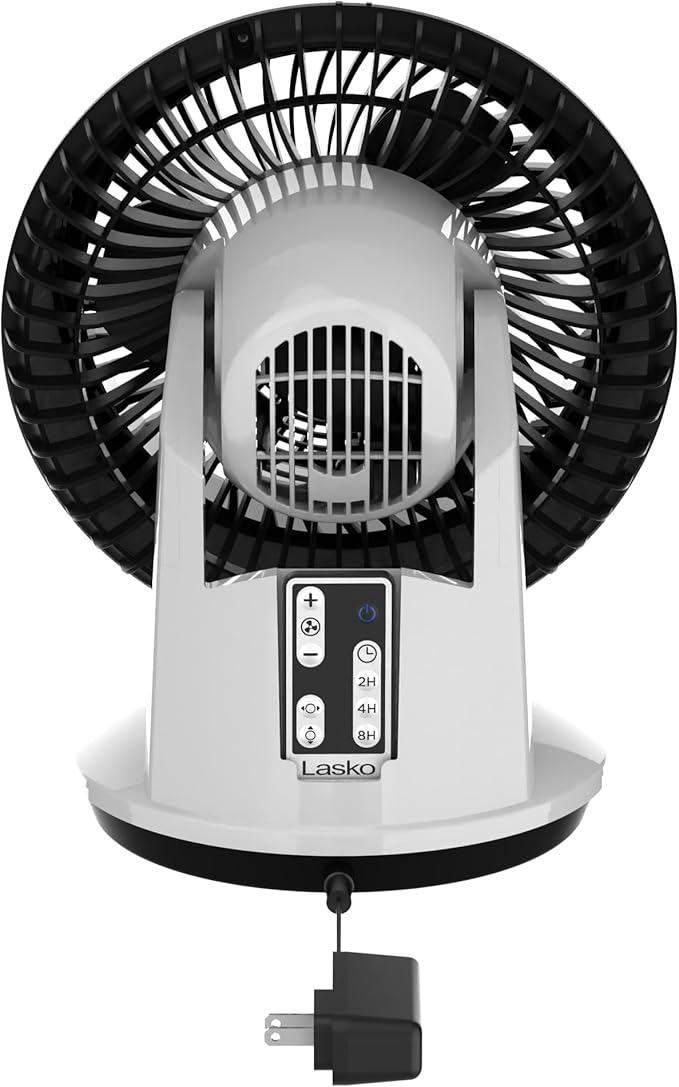 Lasko Whirlwind Orbital Motion Air Circulator Table Fan, 3 Speeds, Timer, Dark Mode, Remote Control for Small and Medium Sized Rooms, White, A12557