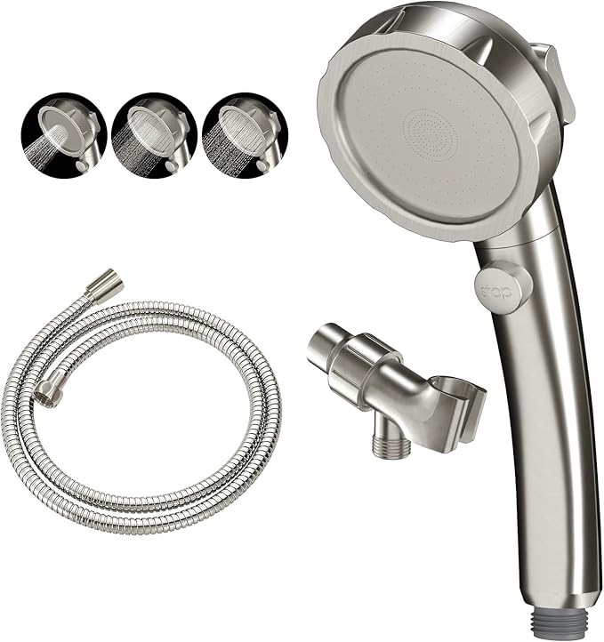 KAIYING Brushed Nickel High Pressure Handheld Shower Head with ON/OFF Switch, 3 Spray Modes, Adjustable Angle Bracket, and Hose | 3 Spray Modes Shower Wand with Shut Off Button, Camper & RV Showerhead with Hose & Angle Adjustable Bracket, Brushed Nickel