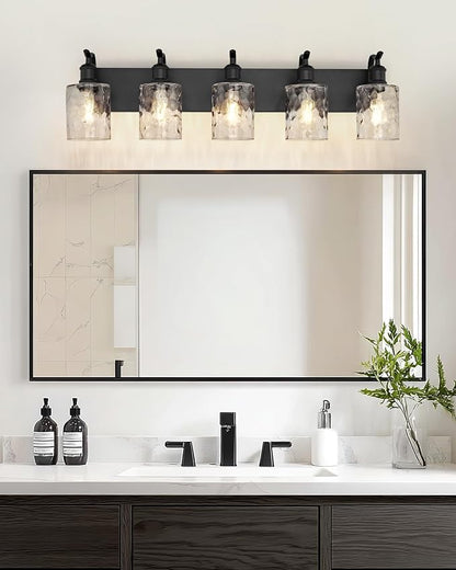 5-Light 34 Inch Bathroom Vanity Light,Hammered Glass,Black | Over Mirror Wall Light,E26 sockets,for bathroom mirror,powder room,dressing area,wall-mounted vanity lighting