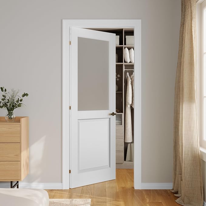SMARTSTANDARD 30" x 80" Frosted Glass Interior Door Slab, Solid Core | Pre-Assembled French Slab Door for Pantry Laundry Closet Bathroom, without Hardware, White Primed, Paintable Surface