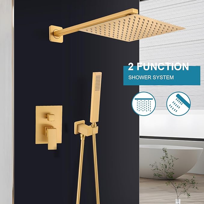 Brushed Gold Shower Faucet Set, Bathroom Rainfall Shower System Fixture 10 Inch High Pressure Square Rain Shower Head with Handheld Sprayer Combo Wall Mount with cUPC Certified Rough-in Valve