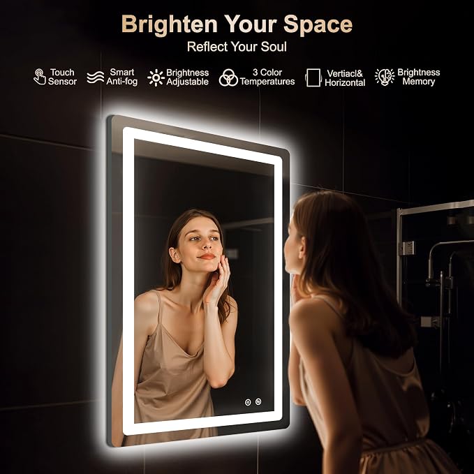 36x24 LED Bathroom Vanity Mirror with Lights, Anti-Fog, Dimmable | Front & Backlit with 3 Color Modes and Memory, 5mm Shatterproof Glass, Plug-in or Hardwired, Horizontal or Vertical