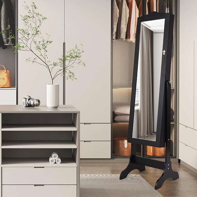 NAFORT Jewelry Armoire, Mirror with Jewelry Storage, Jewelry Organizer, Standing Lockable Jewelry Cabinet with Full Length Mirror, Jewelry Organizer with 2 Drawers, Black