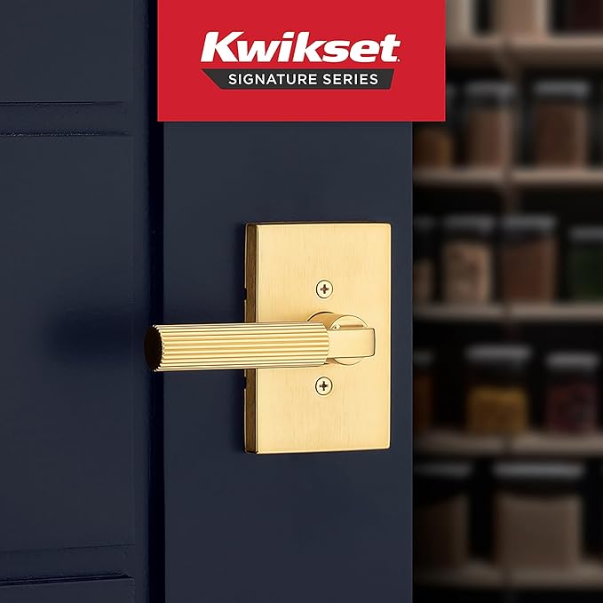 Kwikset Mirada Reeded Dummy Door Handle, Single Sided Lever for Closets, French Double Doors, and Pantry, Satin Brass, Non-Turning Reversible Interior Push/Pull Lever, with Microban Protection
