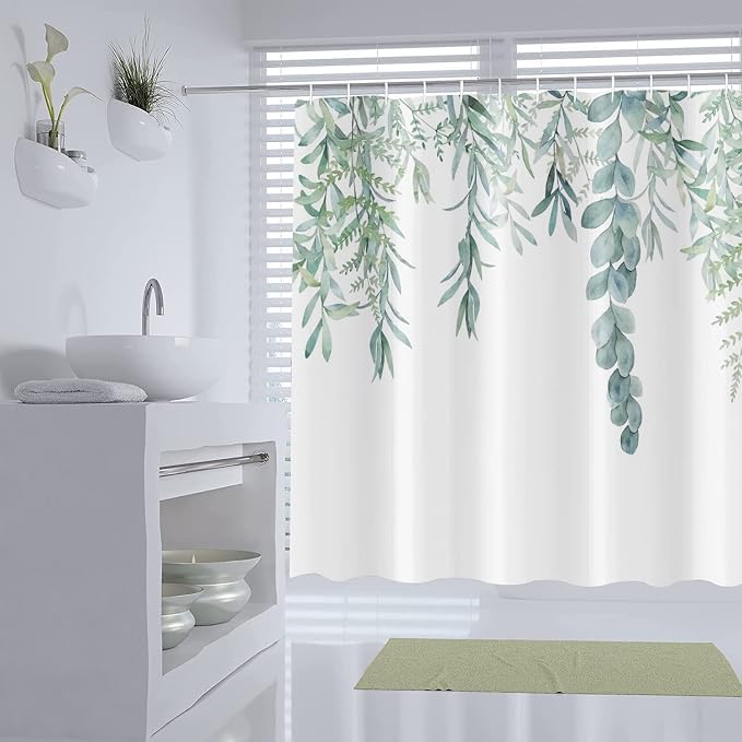 Botanical Shower Curtains, Watercolor Eucalyptus Leaf Plant Green Bathroom Curtain for Bathtub Home Decoration Waterproof Fabric Machine Washable with 12 Hooks, 72''Lx36''W (GCI-10467)