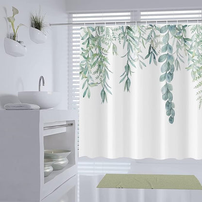 Botanical Shower Curtains, Watercolor Eucalyptus Leaf Plant Green Bathroom Curtain for Bathtub Home Decoration Waterproof Fabric Machine Washable with 12 Hooks, 72''Lx36''W (GCI-10467)