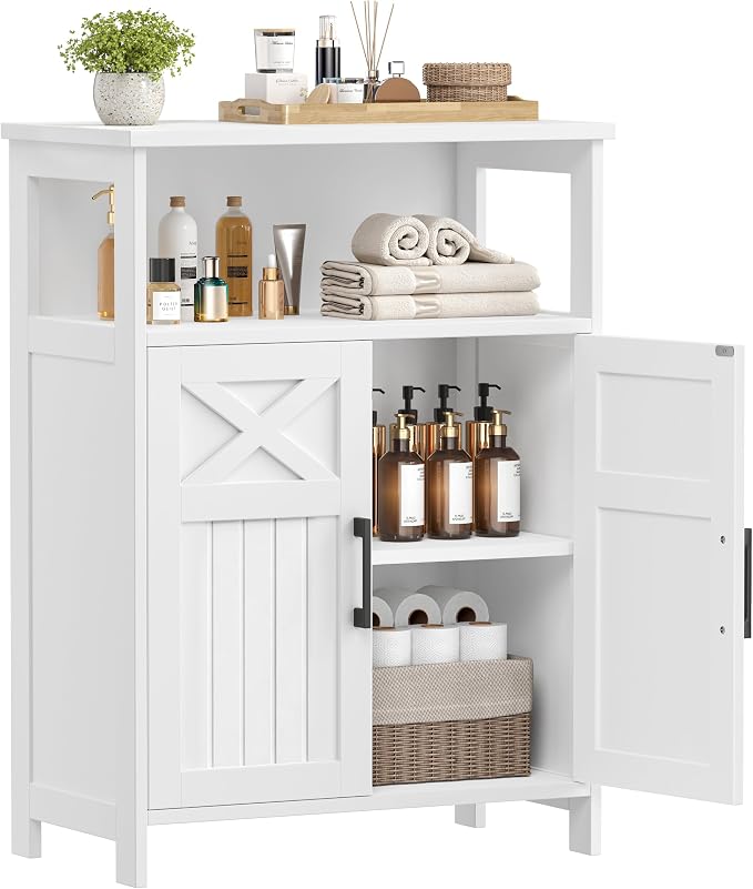 Akxomel Farmhouse Bathroom Storage Cabinet Open Shelf 2 Doors White | 11.8" D x 23.6" W Small Bathroom Cabinet with Adjustable Shelf, Toilet Paper Cabinet for Kitchen, Living Room, Laundry Room