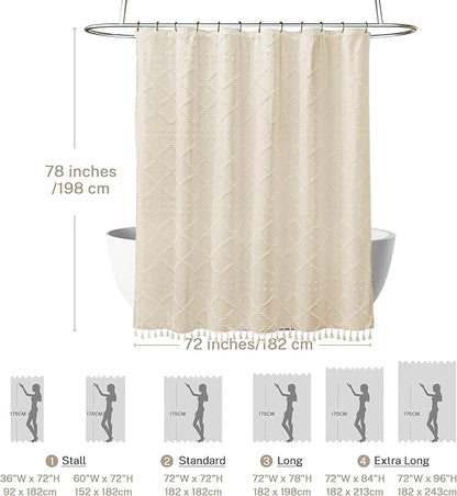Extra Long Boho Farmhouse Shower Curtain, 72 x 78 Cream/Beige Tufted Chevron Textured Striped Modern Minimalist Cloth Curtain for Bathroom