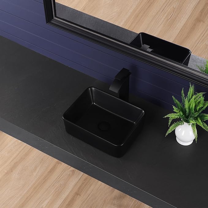 Vessel Sink 16"x12" Rectangular Bathroom Sink Modern Black Porcelain Ceramic Above Counter Drop-in Vanity Sink for Bathrooms Art Basin