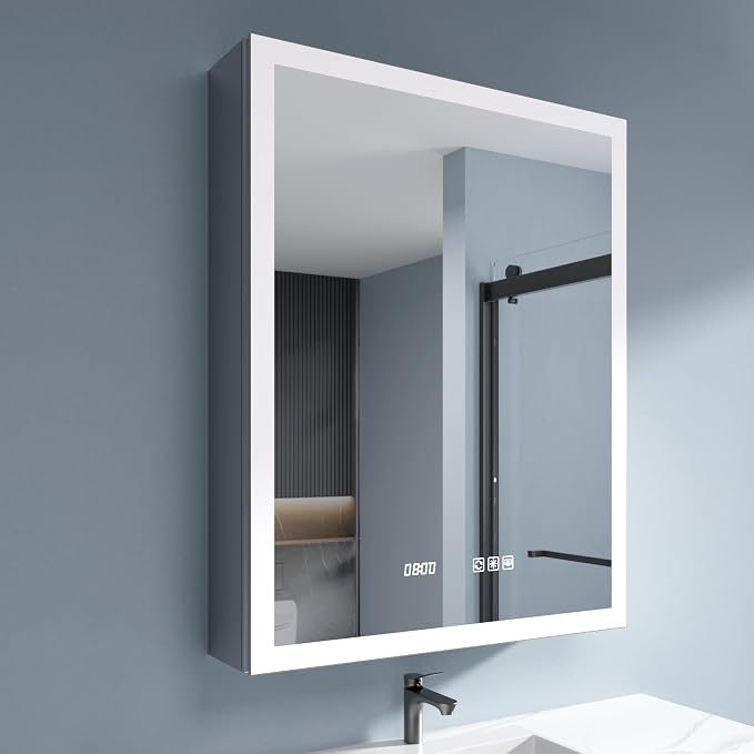 LED Medicine Cabinet 24x30 Anti-Fog Mirror Dimmable Recessed Mount | 3 Color Dimmable LED. Time Temp Display. Anti-Fog IP44. 2 Outlets+2 USB. Plug-in/Hardwired. Recessed/Wall Mount. Right Hinge.