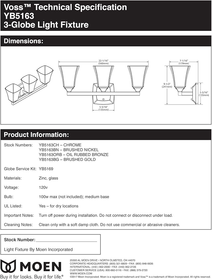 Moen YB5163NL Voss 3-Light Dual-Mount Bath Bathroom Vanity Fixture with Frosted Glass, Polished Nickel