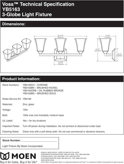 Moen YB5163NL Voss 3-Light Dual-Mount Bath Bathroom Vanity Fixture with Frosted Glass, Polished Nickel