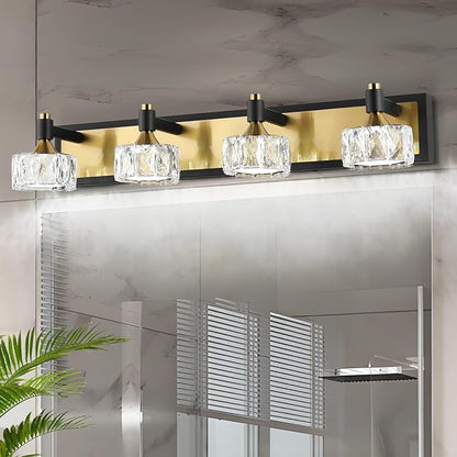 4 Light Bathroom Vanity Light, Dimmable Crystal Modern Bathroom Light Fixtures Over Mirror, Gold and Black Modern Vanity Light, Elegant Water Ripple Wall Sconce Lights