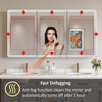 Buruis 60'' x 32'' Medicine Cabinet with Lights and Mirrors, Recessed or Wall Mounted Modern Bathroom Cabinet with 3-Mode Light, Anti-Fog, Dimmable, Memory Function, Outlet, Silver