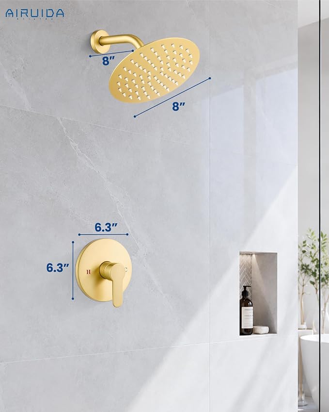 Airuida 8 Inch Brushed Gold Shower Faucet Set,Shower Valve Kit | Female Threads Rough-in Valve Shower Trim Kit,Single Handle Control Shower Set