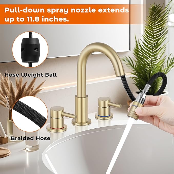 FGKQ Brushed Gold Bathroom Faucet 3 Hole with Pull Down Sprayer 2 Modes, Pull Down Bathroom Sink Faucet with Pop Up Drain, 8 Inch Widespread Bathroom Faucet