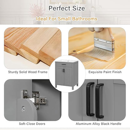 48" Bathroom Vanity Set with Double Sink, Harper & Bright Designs Free Standing Single Basin Vanity Set with 2 Soft-Close Doors and Drawer, Wooden Storage Cabinet with Ceramic Basin for Bathroom, Grey