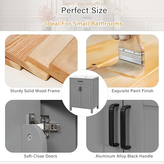 24" Bathroom Vanity with Sink, Modern Bathroom Vanity 24 Inch with Sink, 24 Bathroom Sink Vanity with Flip Drawer, Cabinet and Door Shelves, 24" Vanity with Sink for Bathroom (Grey)