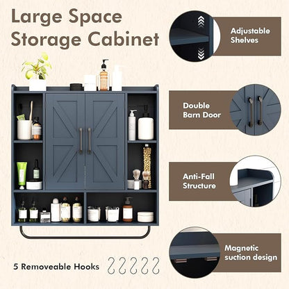 RUSTOWN Rustic Wood Wall Bathroom Cabinet, Farmhouse Medicine Cabinet Wall Mounted, Space Saving Wall Storage Cabinet with 2 Barn Door, 3-Tier Adjustable Shelves and Towel Bar(Navy Blue)