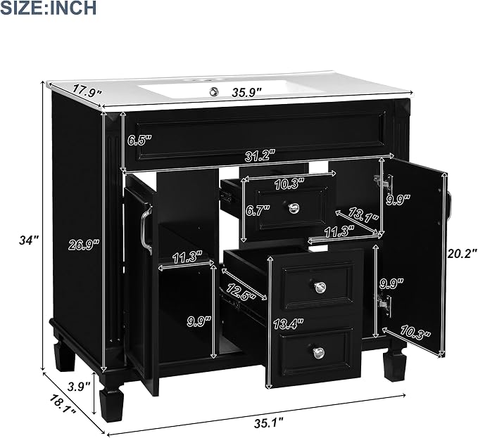 36" Bathroom Vanity with Sink Combo, Modern Wood Freestanding Storage Cabinet Set W/2 Soft Closing Doors and 2 Drawers