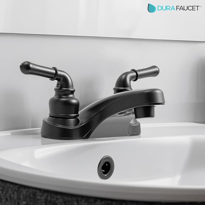 Dura Faucet DF-PL700C-MB RV Two Handle Bathroom Sink Faucet (Matte Black) | Two-hole drop-in design for standard camper sinks; drip-resistant cartridge control.