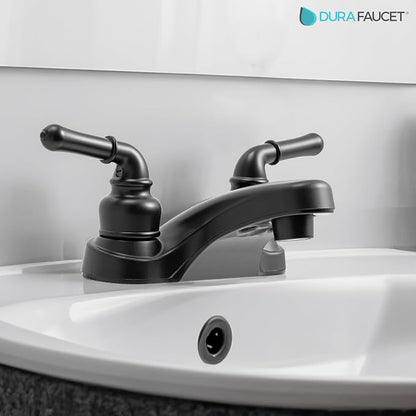 Dura Faucet DF-PL700C-MB RV Two Handle Bathroom Sink Faucet (Matte Black) | Two-hole drop-in design for standard camper sinks; drip-resistant cartridge control.