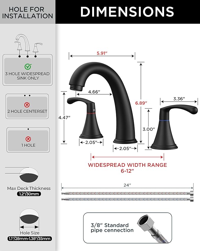 FORIOUS Black Bathroom Faucet 3 Hole, Widespread Bathroom Sink Faucet 8 Inch with Pop Up Drain and CUPC Supply Hose, 2 Handle for Vanity Rv Commercial Lavatory Restroom