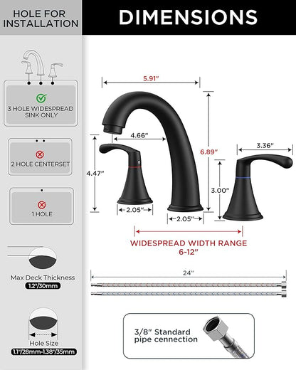 FORIOUS Black Bathroom Faucet 3 Hole, Widespread Bathroom Sink Faucet 8 Inch with Pop Up Drain and CUPC Supply Hose, 2 Handle for Vanity Rv Commercial Lavatory Restroom