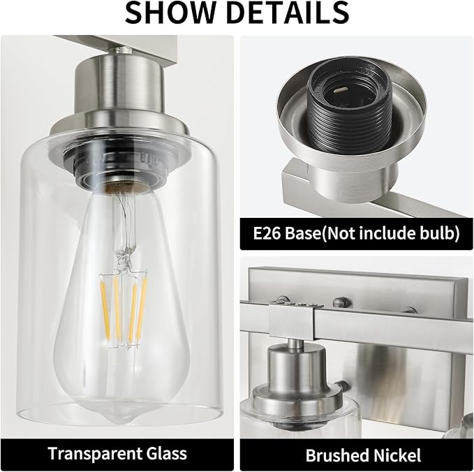 Bathroom Vanity Light, 5-Light Nickel Modern Matte Wall Sconce Lighting with Clear Glass Shade, Wall Lights,Bath Vintage Wall Mounted Lamps for Mirror Bedroom Living Room