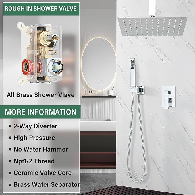 Shower Faucet Set Chrome Rain Shower System with High Pressure 10 Inches Rain Shower Head and Handheld Spray Bathroom Luxury Rain Mixer Shower Complete Combo Set Ceiling Mounted