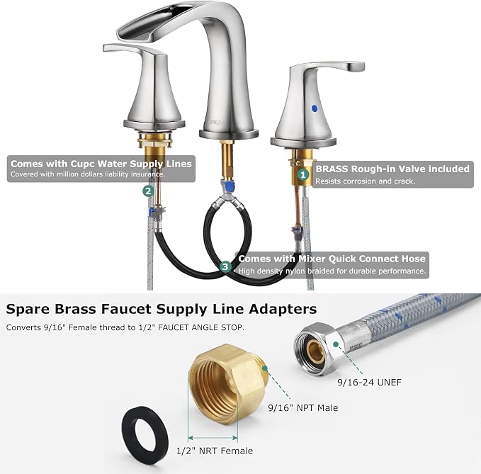 Waterfall 2 Handle Widespread Roman Tub Faucet Brushed Nickel | 3 Hole Deck Mount Bathtub Filler with Valve & Supply Lines