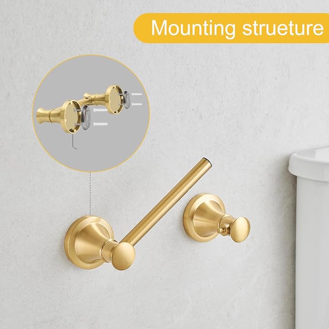 Bathroom Toilet Paper Holder Wall Mount Tissue Holder Brushed Gold | Rustproof Toilet Tissue Roll Holder, Flexible Double Post Pivoting Handle, Bathroom Accessories SUS304 Stainless Steel