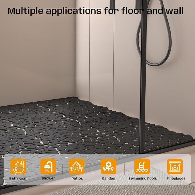 Pebble Tile for Shower Floor, Black Long Oval Pebble Mosaic Backsplash for Kitchen Bathroom Wall and Floor Tile and Outdoor Areas, 5 Sheets