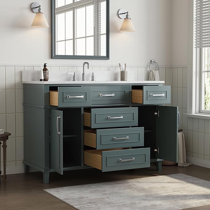 48 Inch Bathroom Vanity with Sink, Modern Bathroom Vanity with Engineered Stone Countertop, Solid Wood Frame Bathroom Storage Cabinet with Soft Closing Door & Dovetail Drawer, Green