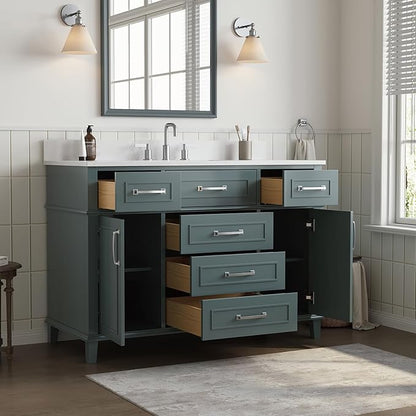 48 Inch Bathroom Vanity with Sink, Modern Bathroom Vanity with Engineered Stone Countertop, Solid Wood Frame Bathroom Storage Cabinet with Soft Closing Door & Dovetail Drawer, Green