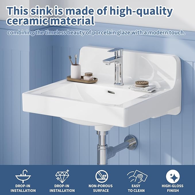 20X17 Inch White Ceramic Drop-in Bathroom Sink, Oval Vanity Top with & 3-Hole Faucet (1.25" Centers), CUPC Certified Contemporary Lavatory for Small Spaces