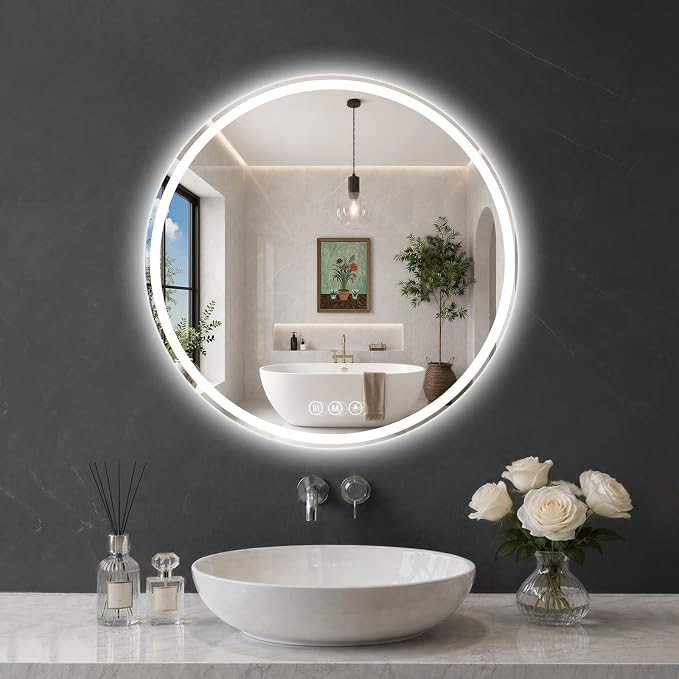 Round LED Bathroom Mirror, 28 Inch, HD Shatterproof Tempered Glass | Lighted Bathroom Mirror with Dimmable Lights Bathroom Mirror with Lights for Wall, 3 Color Temperatures